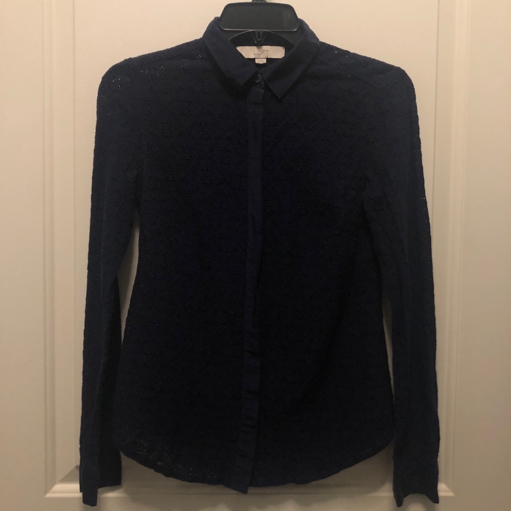 Loft Navy Blue Eyelet Lace Long Sleeves Blouse XS